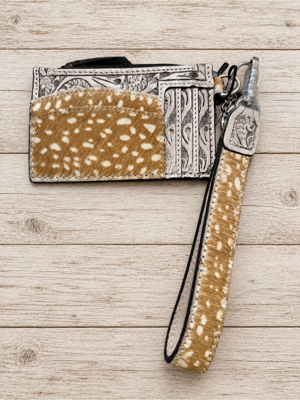 Western Tooled Leather Spotted Hair-On Hide Card Holder Wristlet